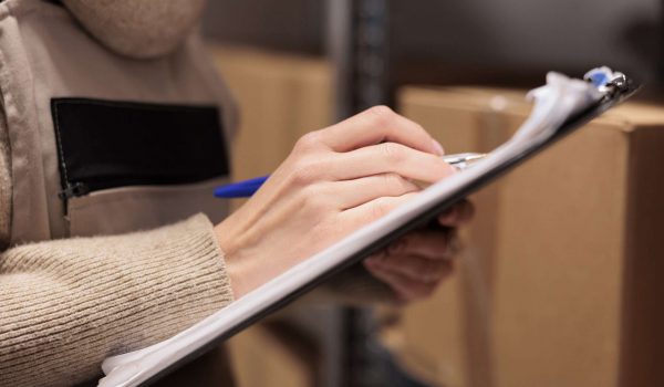 Postal office storage worker holding clipboard in warehouse, marking inventory checklist. Warehouse employee hand writing with pen close up, checking cardboard boxes in storehouse